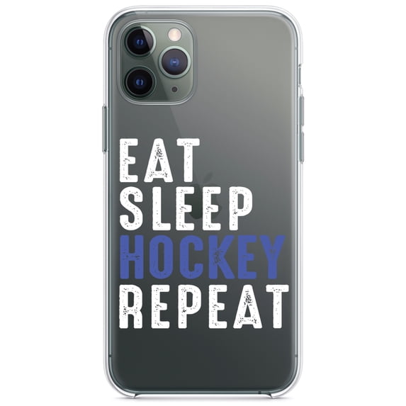 DistinctInk Clear Shockproof Hybrid Case for iPhone 11 Pro MAX (6.5" Screen) - TPU Bumper Acrylic Back Tempered Glass Screen Protector - Eat Sleep Hockey Repeat