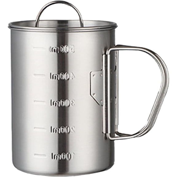 ABCISI Camping Cup with Lid, 17oz Stainless Steel Water Cup with Scales, Camping Mug with Foldable Handles and Lid, Portable Backpacking Mugs for Camping Hiking Outdoor Adventure(500ml)