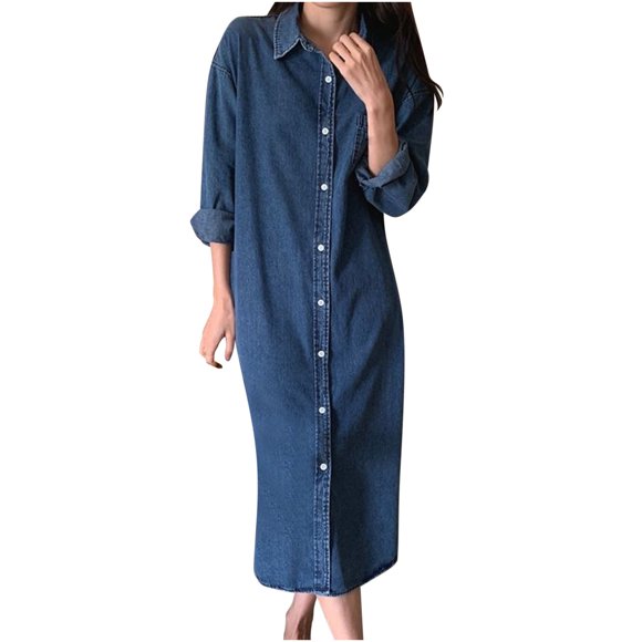 cfhntfmh Casual Dresses for Women Fashion Collared Buttons down Shirts Dress Fall Lounge Long Sleeve Long Maxi Dress