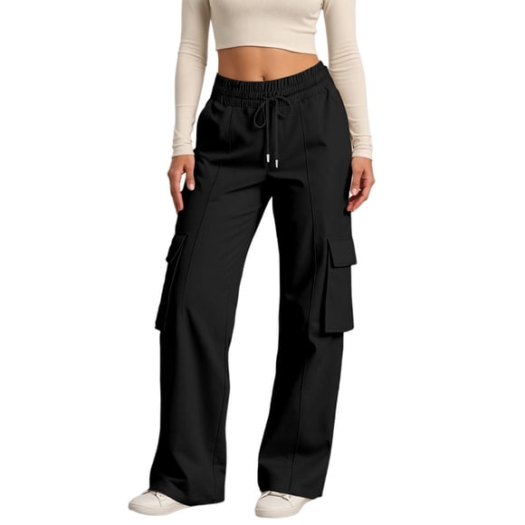 Fgnfyis Womens Casual High Waist Loose Fit Elastic Waistband Drawstring Utility Wide Leg Cargo Pants Women Comfortable Pocket Black S