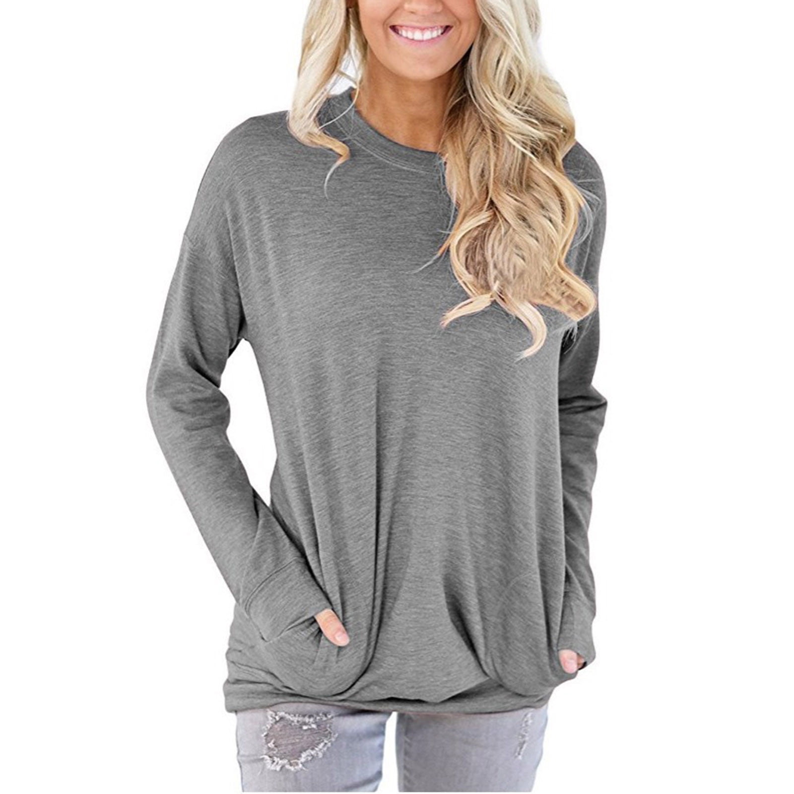 Women's Casual Solid Color Blouses Loose Round Neck Comfy Long Sleeve  Sweatshirt T-Shirt Basic Tops with Pockets Fashion Casual Comfy Long Sleeve  Fall Winter Blouse Tops - Walmart.com