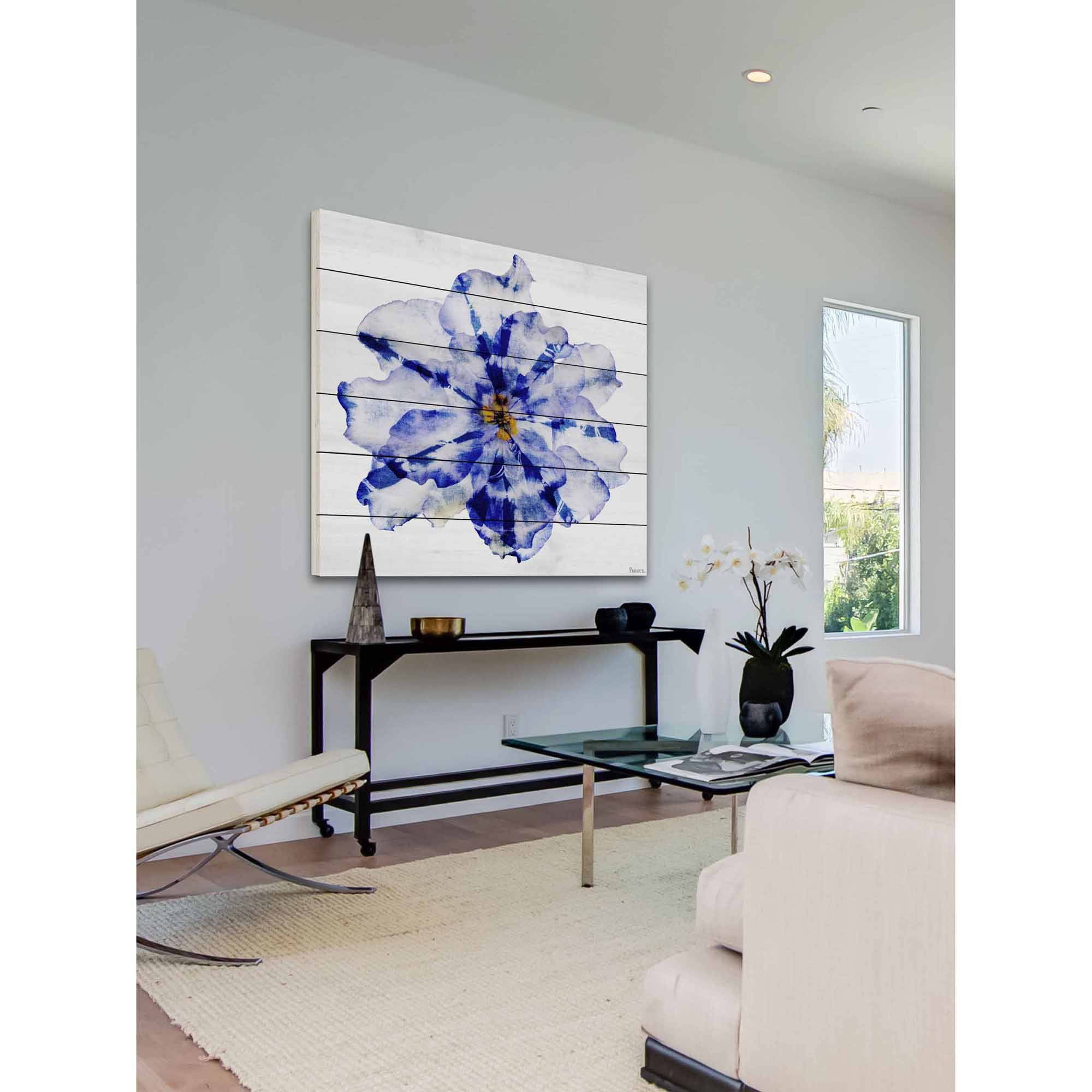 Parvez Taj Blue and White Flower Art Print on White Pine Wood
