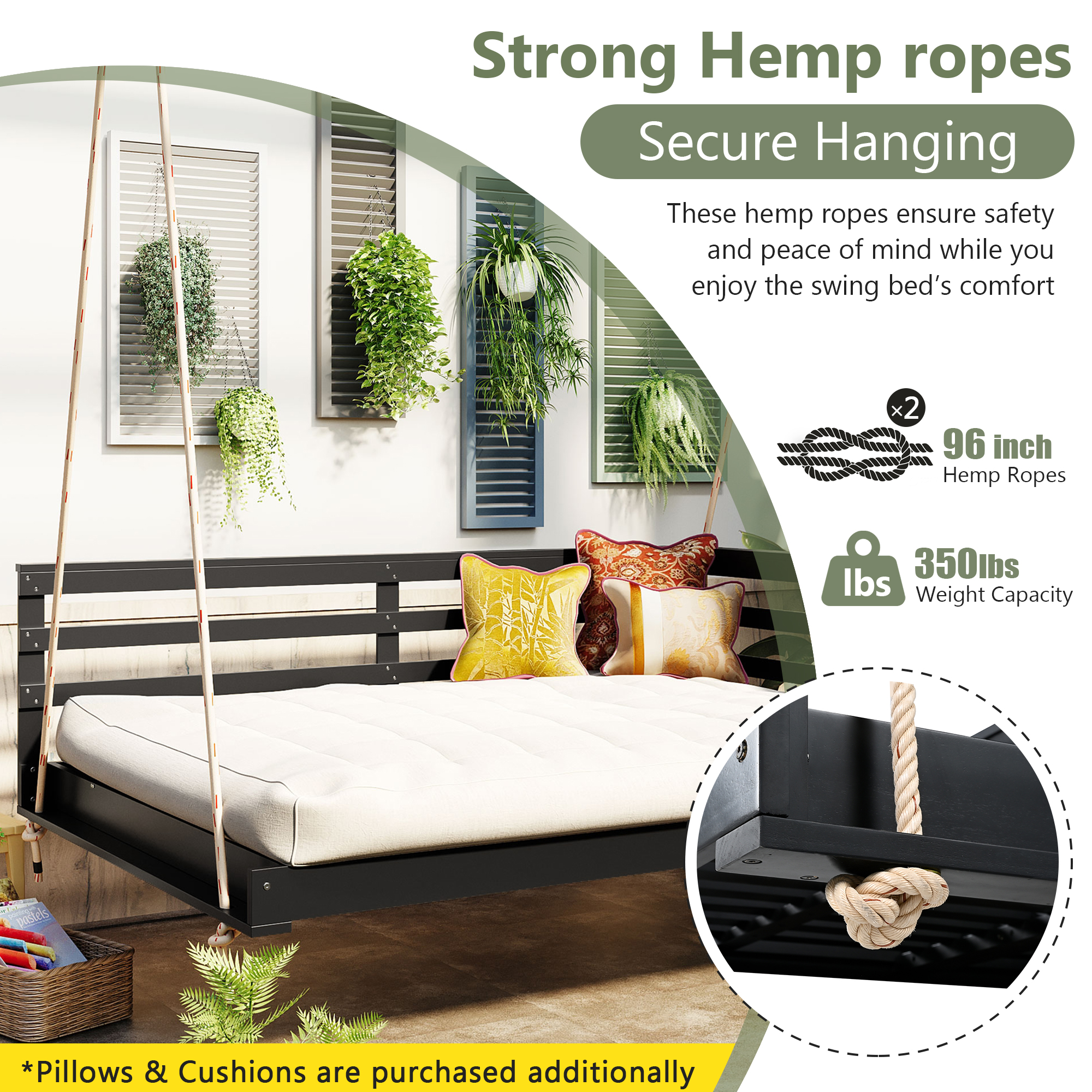 Euroco Acacia Wood Swing Bed with Hemp Rope Suspension, 350lbs Weight Capacity, Open-Side Minimalist Design, Easy Setup