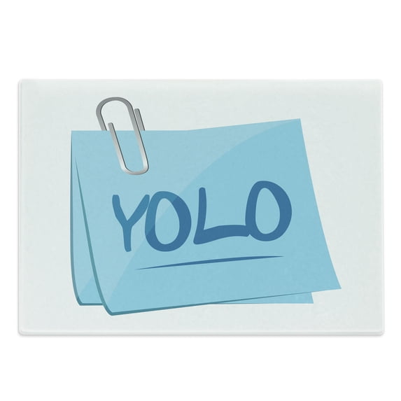 YOLO Cutting Board, Abbreviation of Popular Contemporary Slogan on a Memo Post Theme, Decorative Tempered Glass Cutting and Serving Board, Large Size, Grey Blue and Pale Blue, by Ambesonne