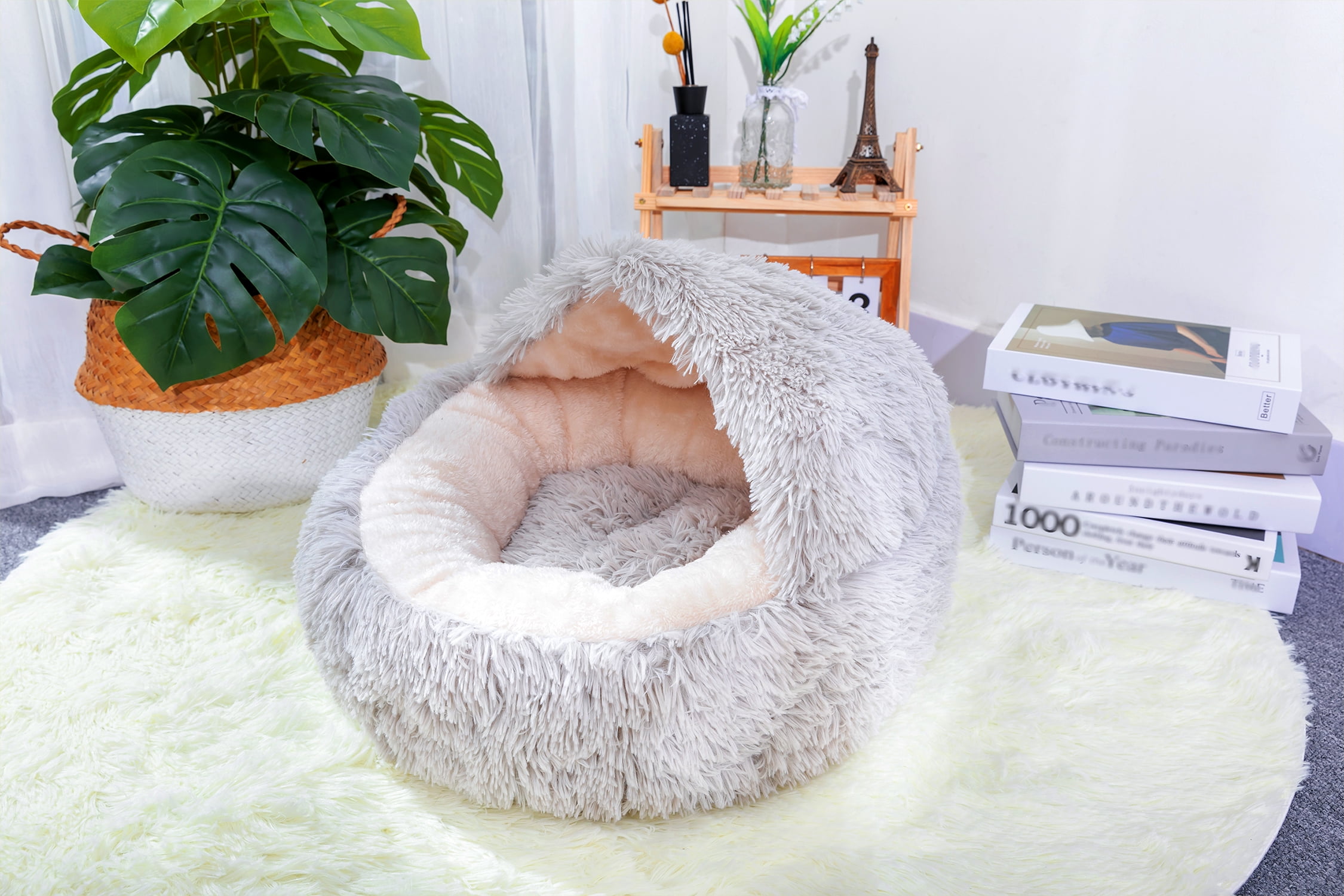 PetPals Round Plush Pet Bed for Cat and Dog Grey Fluffy Soft Warm Sleeping Nest 20" x 20"