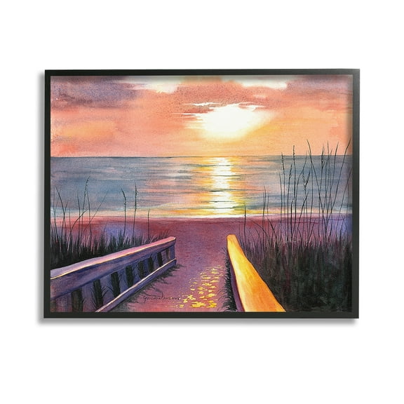 Stupell Industries Sunlit Beach Pathway Landscape Painting Black Framed Art Print Wall Art, 14 x 11