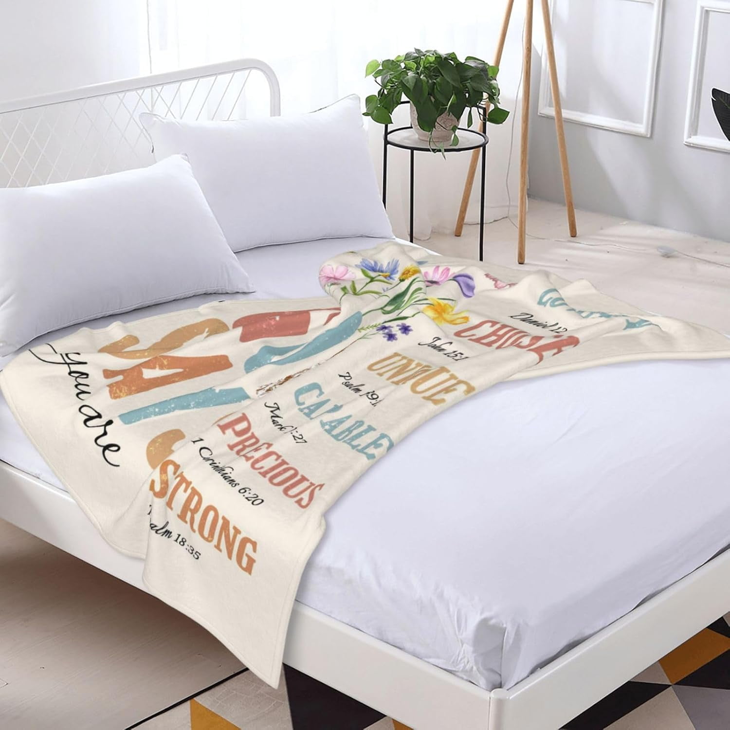 Christian Blanket Birthday Gifts for Women Men, Inspirational Scripture Throw Blanket with Bible Verse Religious Gifts (Apricot, 40x50 inch, Letter Flower)