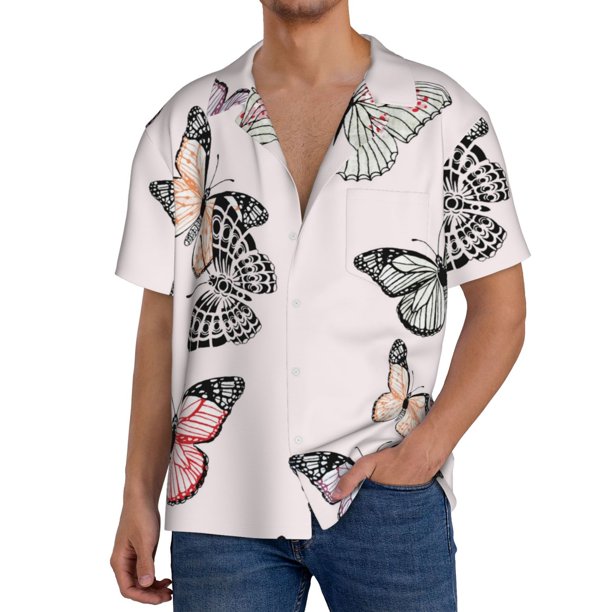 Balery Beautiful Butterfly Camisa Casual de Manga Corta con Botones para Hombre, Texturizada, Estilo Cubano, para Playa, Verano-XX-Large