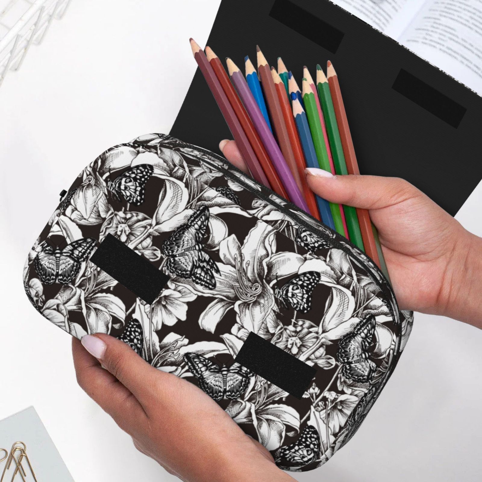 Rateoe Lilies Flowers Pattern Double Clamshell Pen Case, Storage Organizer with Two Zipper Compartments– Holds Up to 50 Pencils & Pens