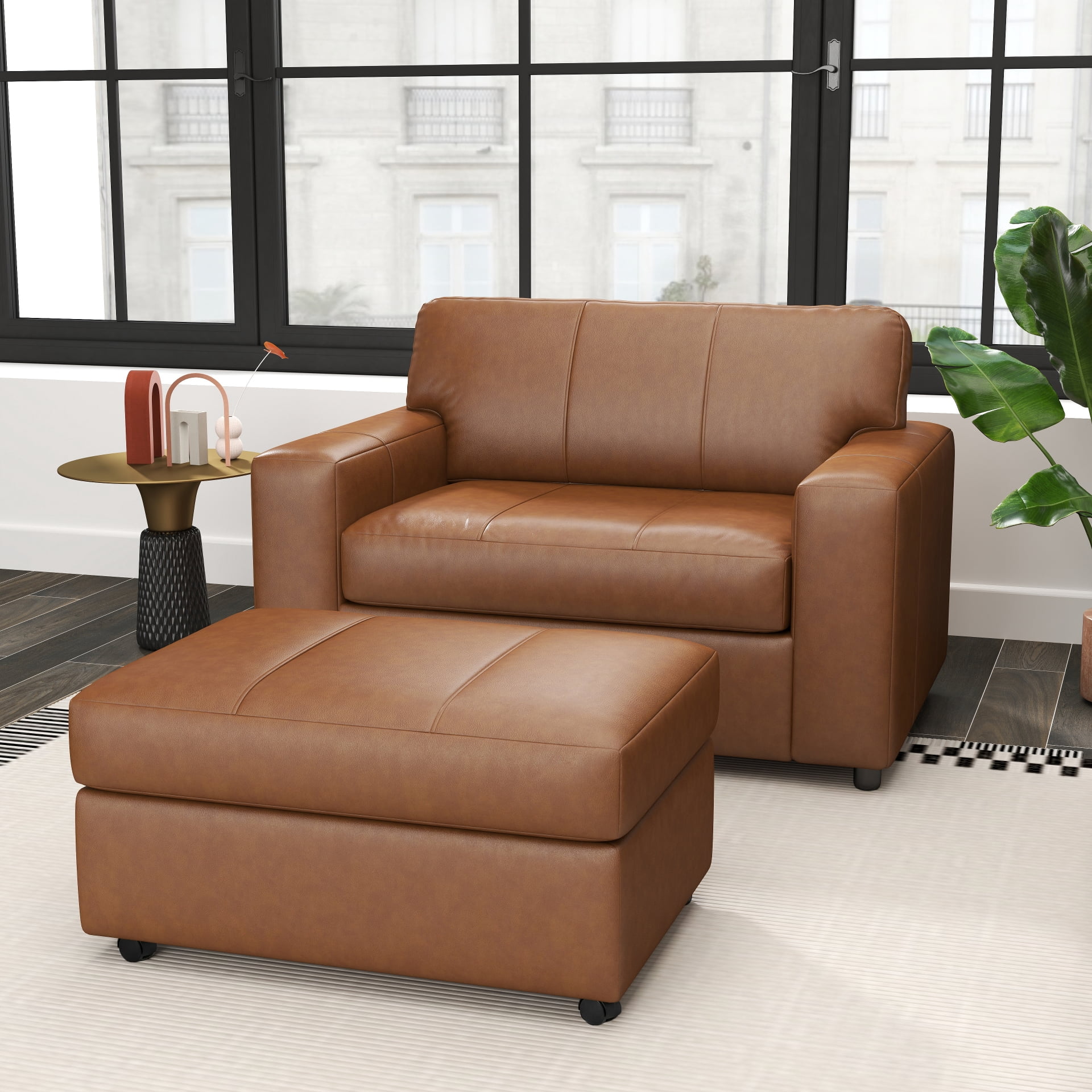 Roundhill Furniture Sakan Leather Upholstered 2-Piece Living Room Set, Cutler Chair and Ottoman