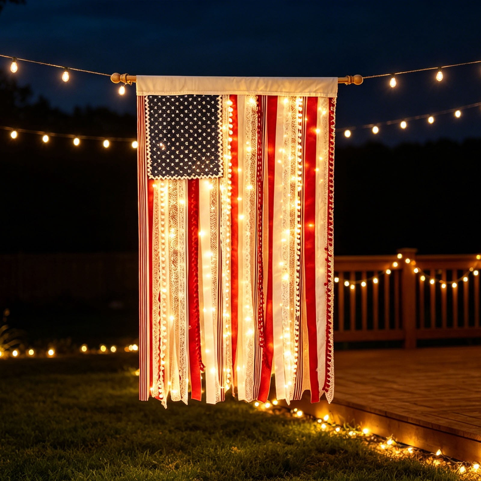 Lighted Rag American Flag Banner, 27×50in Independence Day Fringed Drapery Blue Star Flag, 1776 Decorative Hanging String Lights Flag, for Outdoor Garden Yard Home Party Decoration