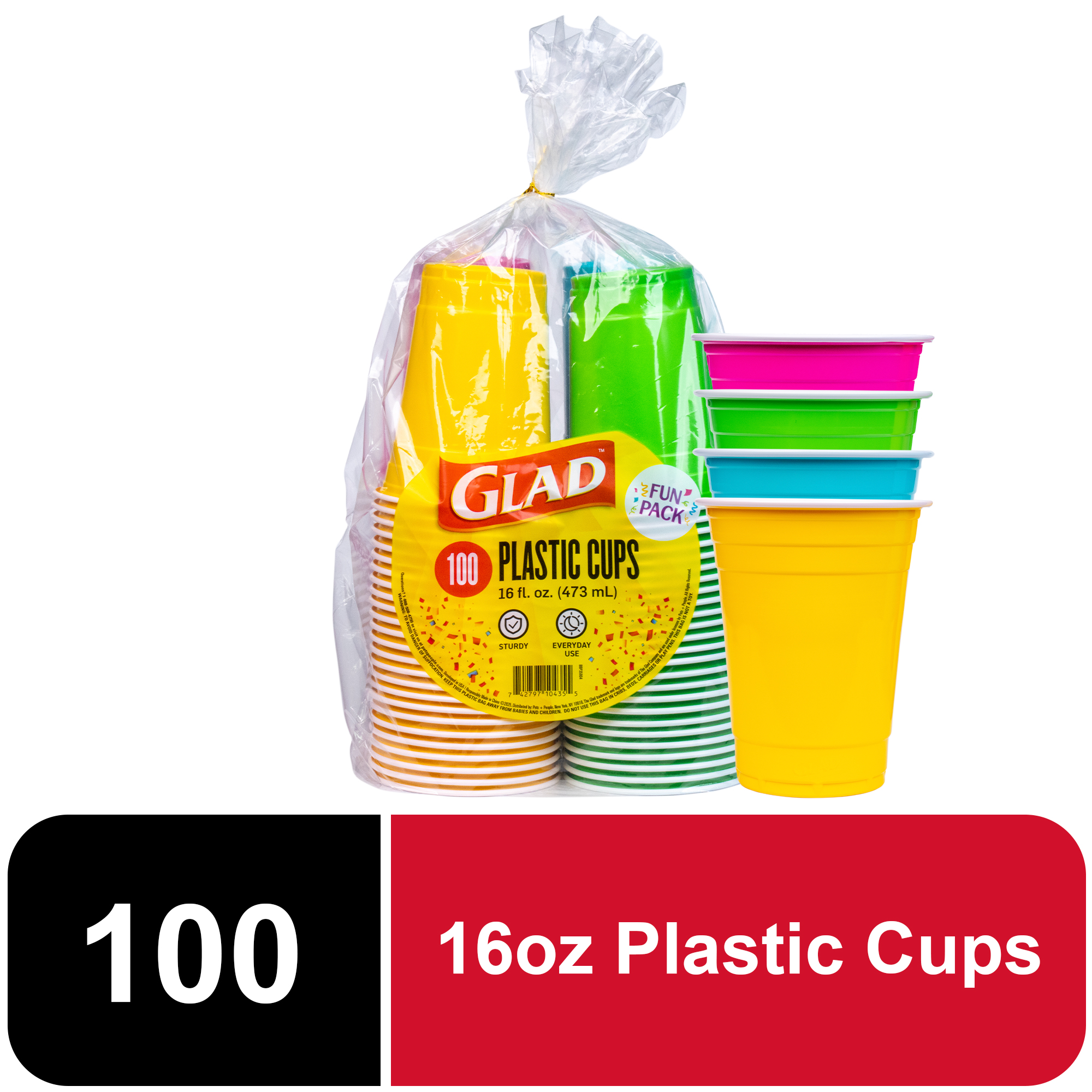 Glad 16 oz Multicolor Plastic Party Cups, 100-Pack photo 1