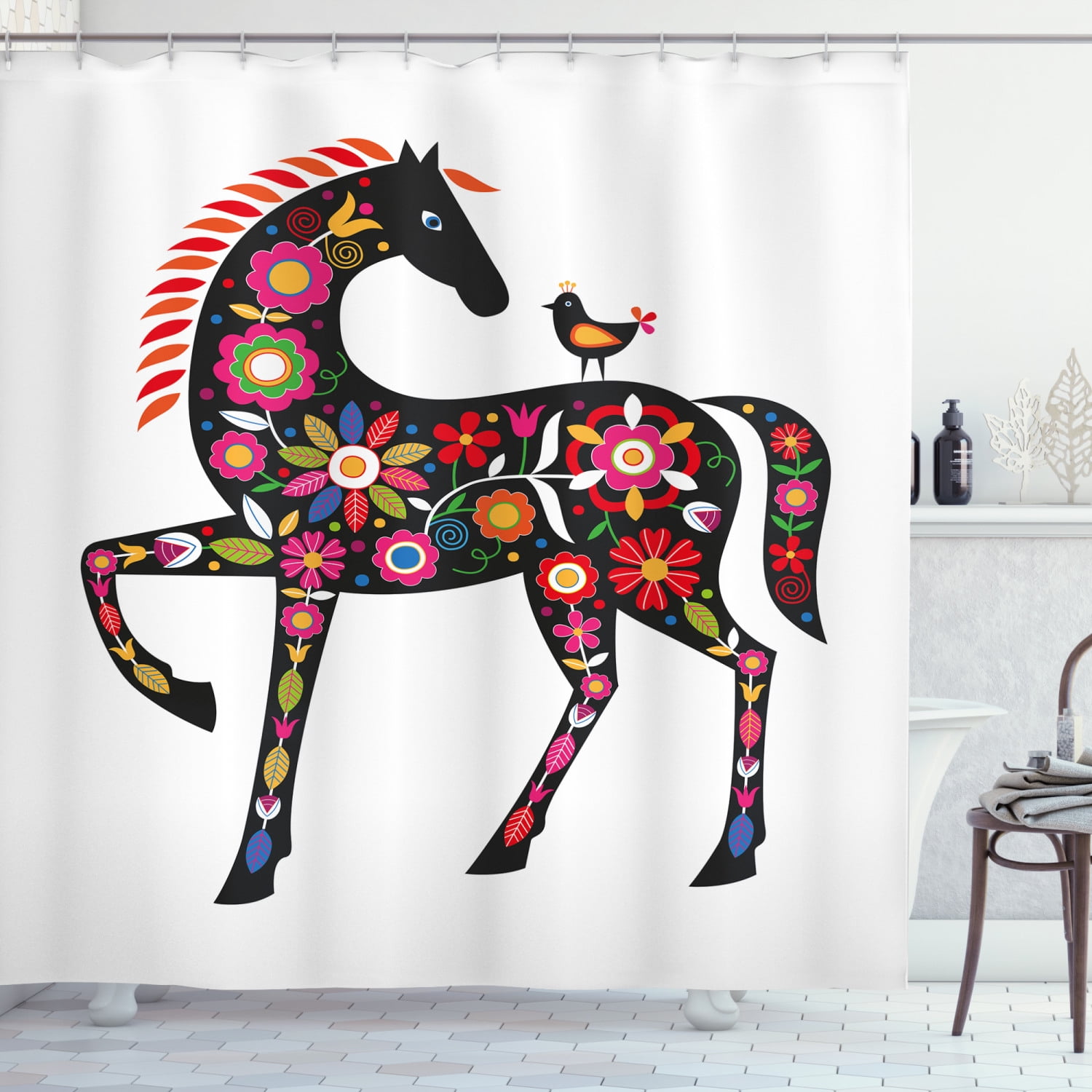 Folk Art Shower Curtain, Abstract Animal Print Horse and Bird with