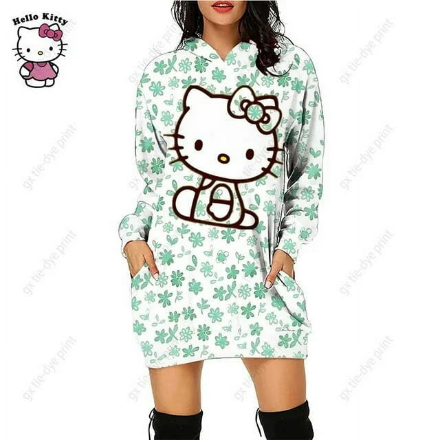 Nouveau Chandail à Capuchon Léopard Hello Kitty Femme Simple Col Rond Polyvalent Chandail Long Bureau Décontracté Ample Chandails à Capuchon Robe d'Automne
