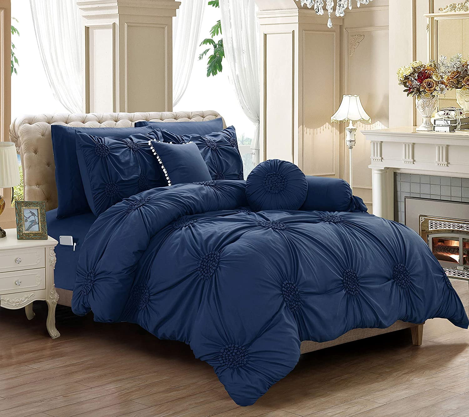 Elegant Comfort 10 Piece Navy Blue Sunflower Bed in a Bag, Queen