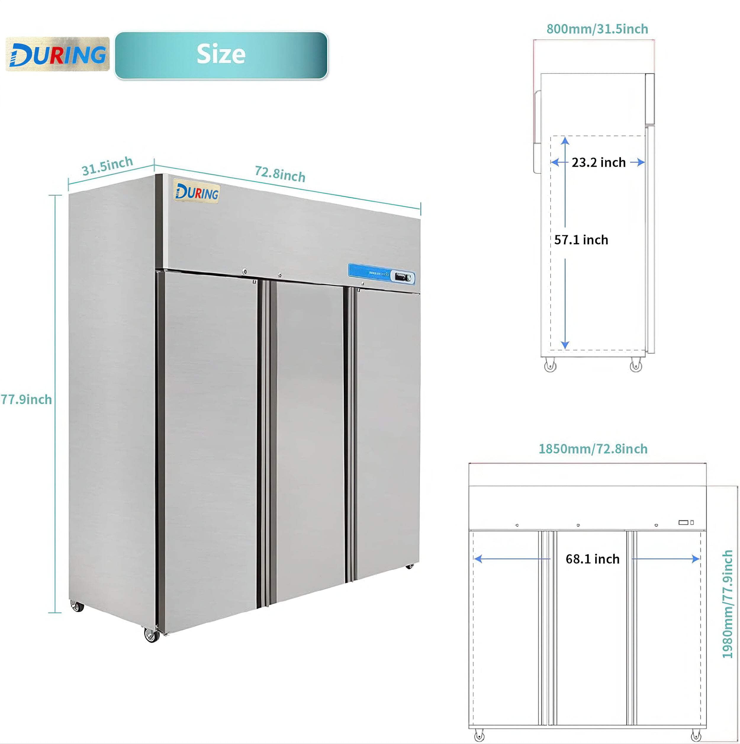 DURING D-K-72RF 72" Commercial Refrigerator Freezer Combo, 3-Door Solid Door Reach-In, 54 Cu.ft Upright Fridge Freezer