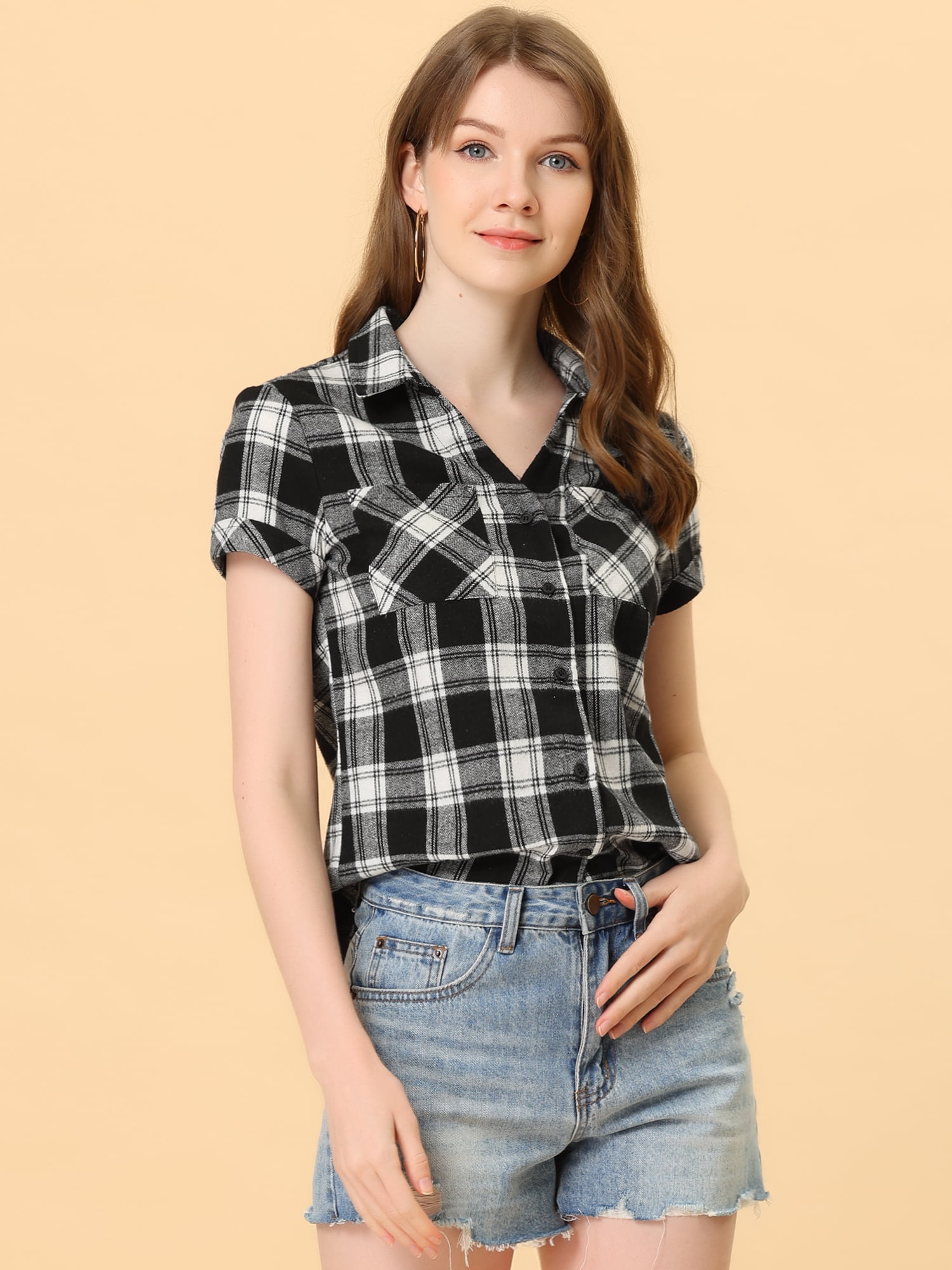 DARING DIVA Women's Casual Boyfriend Plaid Button Down Flannel Shirt M Black