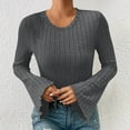 thumbnail image 5 of Lenpel Women's T-Shirts Bell Long Sleeve Crew Neck Ruffle Trim Slim Ribbed Knit Tops Brushed Fleece Tee Blouses(Dark Gray,Medium), 5 of 7