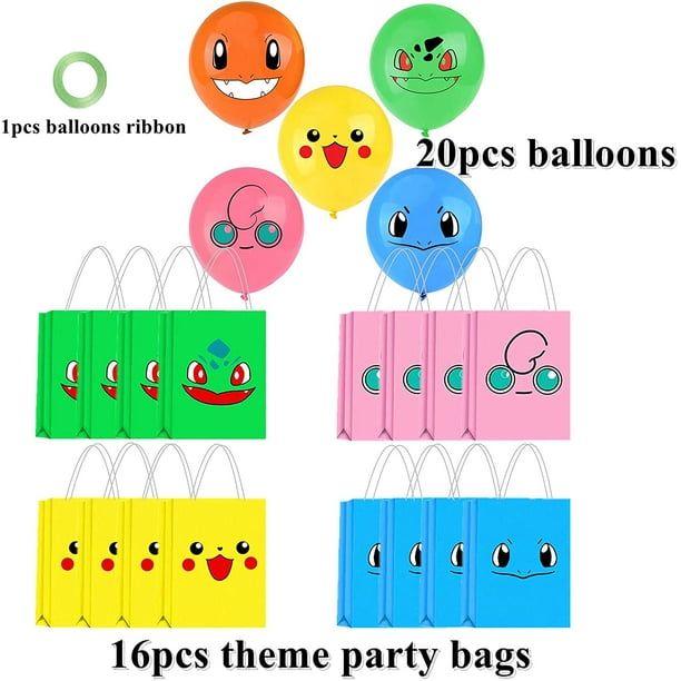 Thème fête d'anniversaire papier Pokemon papier cadeau sacs avec ballons  mignons Goody Treat bonbons sacs ballons pour enfants Pockmon fête  fournitures décor (16 sacs + 20 ballons) 