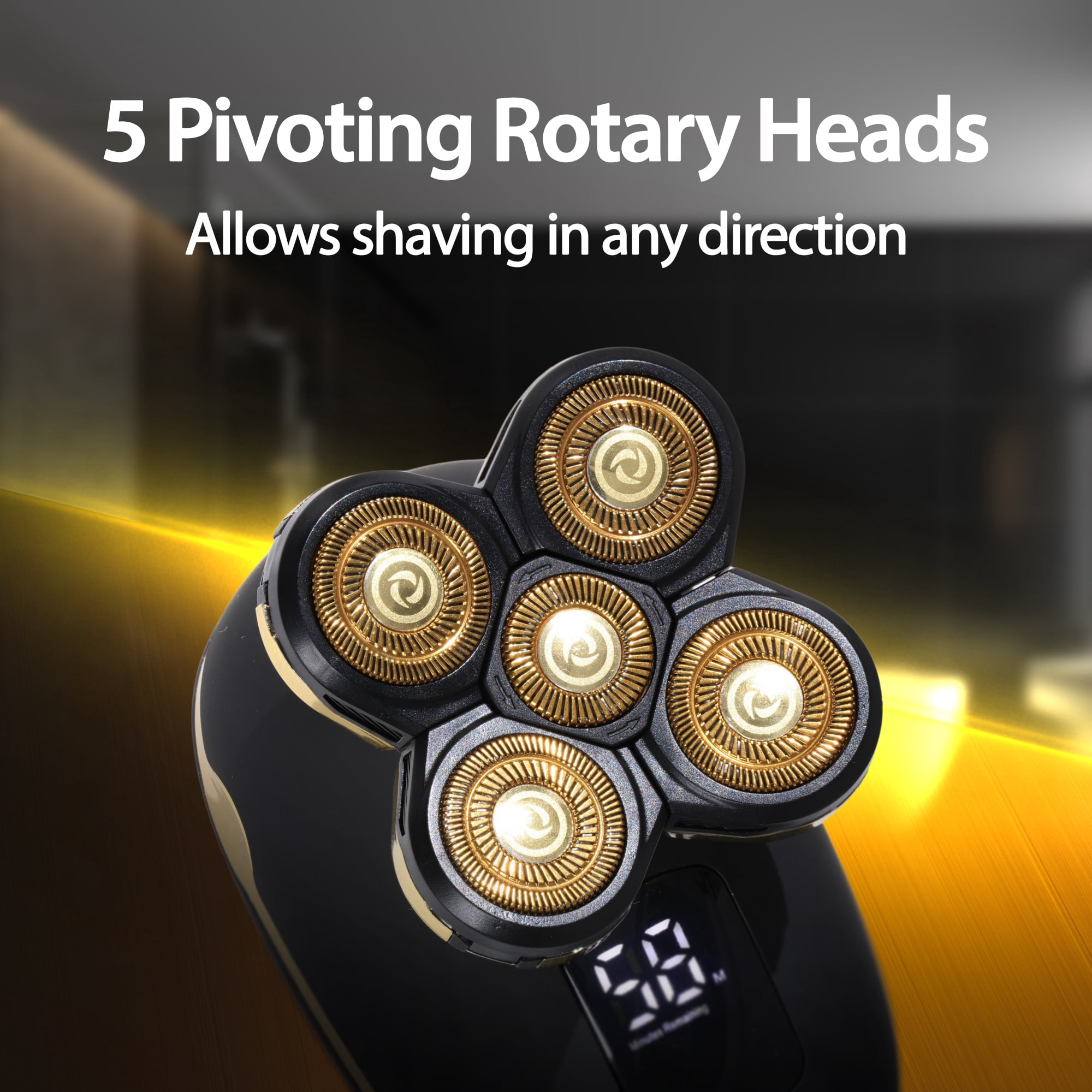Cutting Edge Rechargeable Head Shaver for Men, 5 Pivoting Rotary Heads, Wet & Dry Waterproof Electric Head Razor, LCD Display, Hypoallergenic Titanium Coated Blades, USB Charging