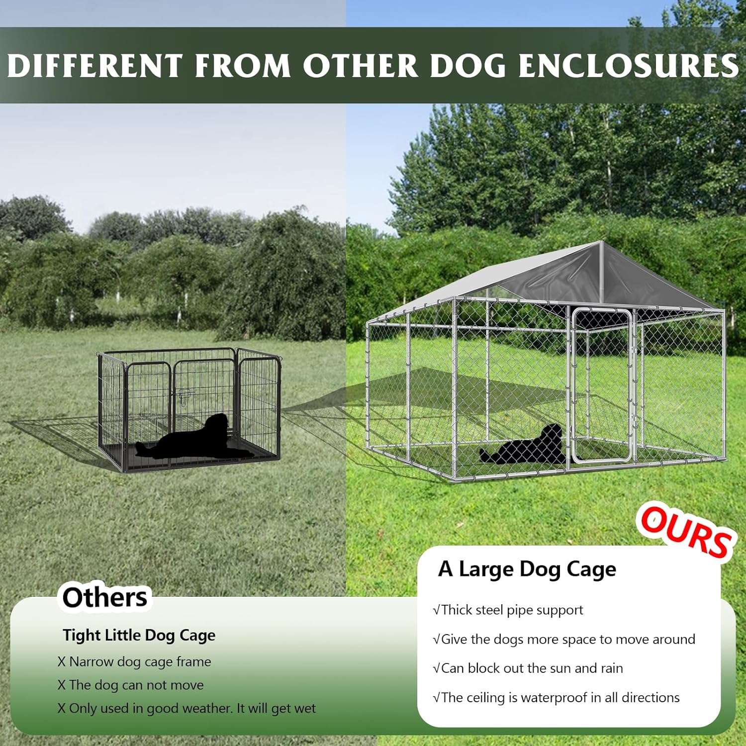Magic Union Large Dog Kennel Outside with Roof, 10x10x7FT Outdoor Dog Kennel Cage Run Heavy Duty Dog Playpen Pen with Secure Lock, 118.1"x118.1"x82.6"