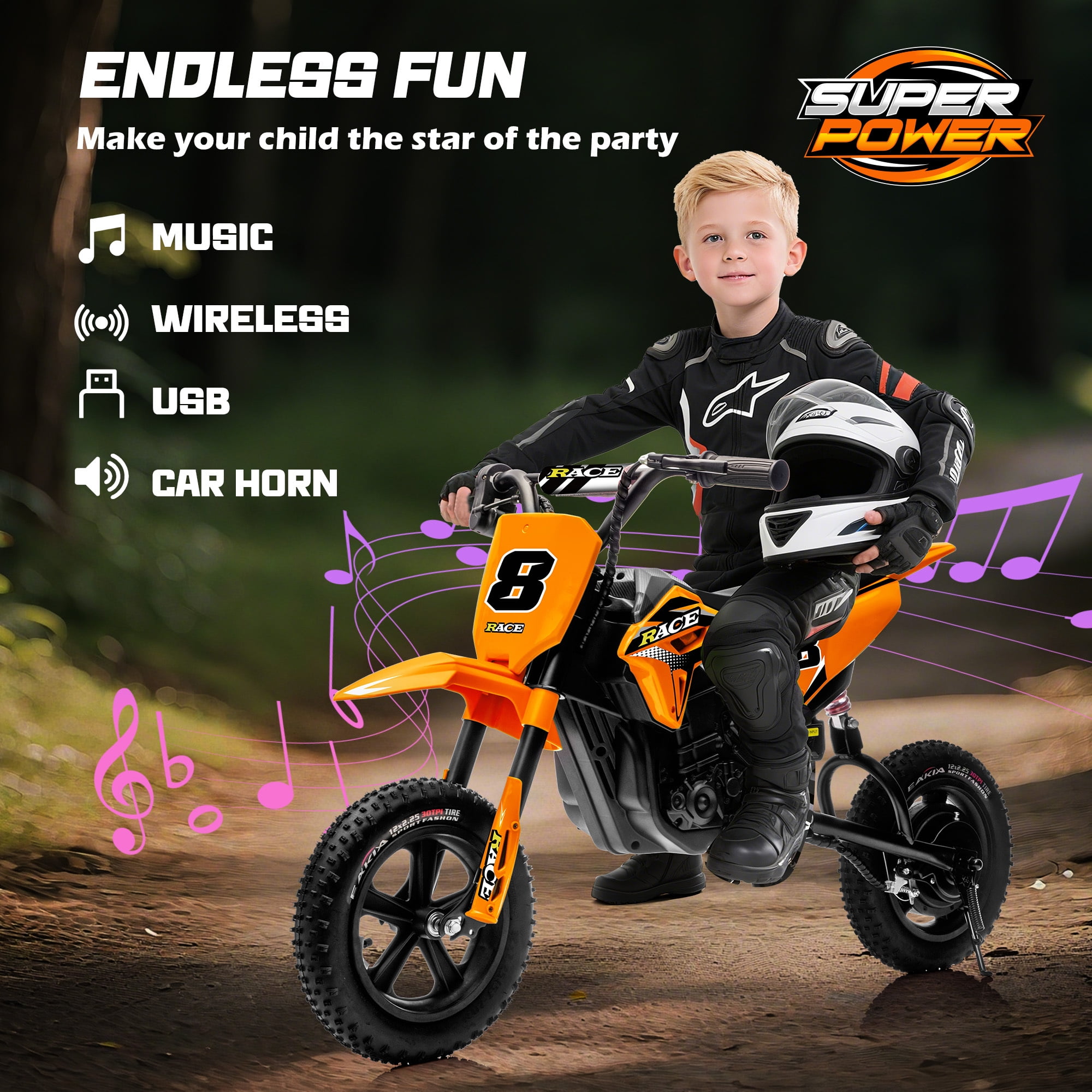 24V Kids Electric Dirt Bike - 250W Electric Motorcycle, 11 Mph Max Speed Electric Mini Dirt Bike with Music, 10 Miles Range, Twist Grip Throttle, Metal Suspension, Rubber Tire (Orange, with Cover)