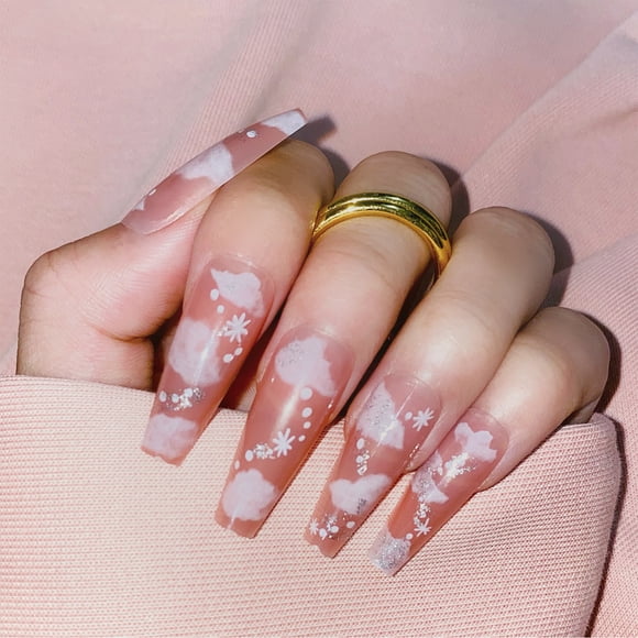 【Perfet gifts for mother's day】Fofosbeauty 24pcs Extra Long Press on Nails Coffin Fake Nails,Appuyez sur les Ongles Faux Ongles de Cercueil, Sunset Glow