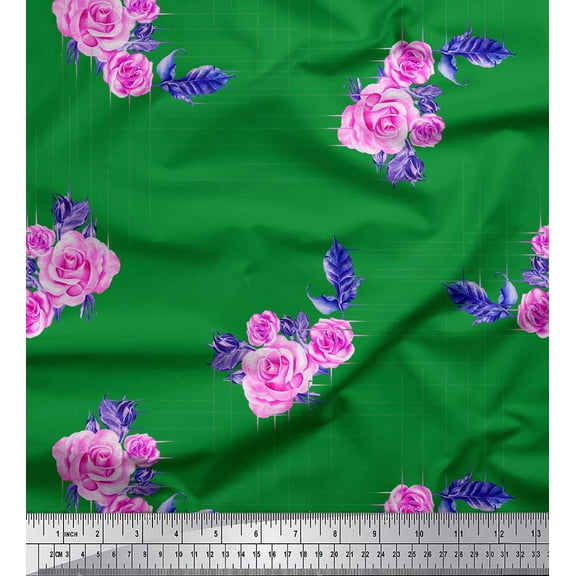 Soimoi Green Silk Fabric Leaves & Rose Floral Printed Fabric 1 Yard 42 Inch Wide