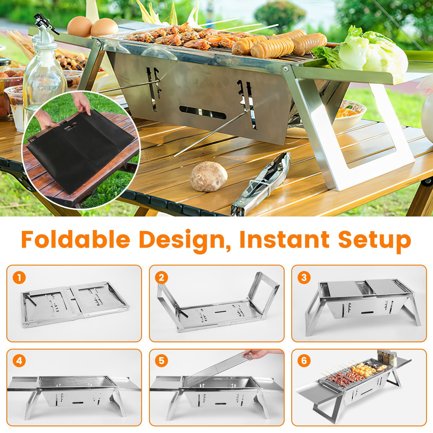 Imountek 3 in 1 Foldable Charcoal Grill, Fire Pit Slow Cooker 2-3 People Stainless Steel BBQ Grill for Camping Tailgating Yard