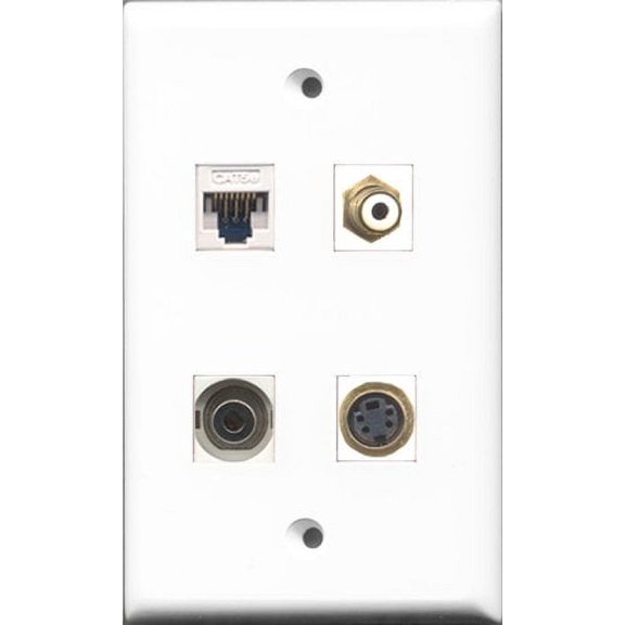 RiteAV 1 Port RCA White and 1 Port S-Video and 1 Port 3.5mm and 1 Port Cat5e Ethernet White Wall Plate