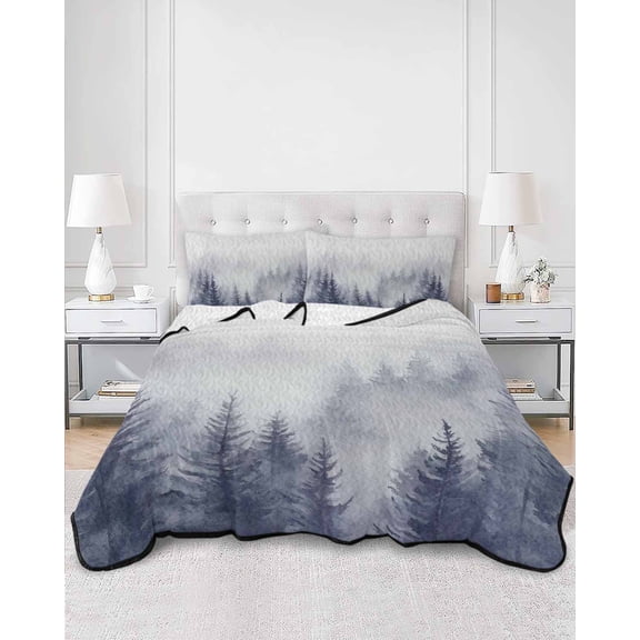 Quilts King Size, Blue Mist Forest Soft Comforter Bedding Set for Bed, Pine Larch Trees Natural Landscape Lightweight Quilted Bedspread with Pillow Cover(2 Pieces) for All Season, 96x106 Inch