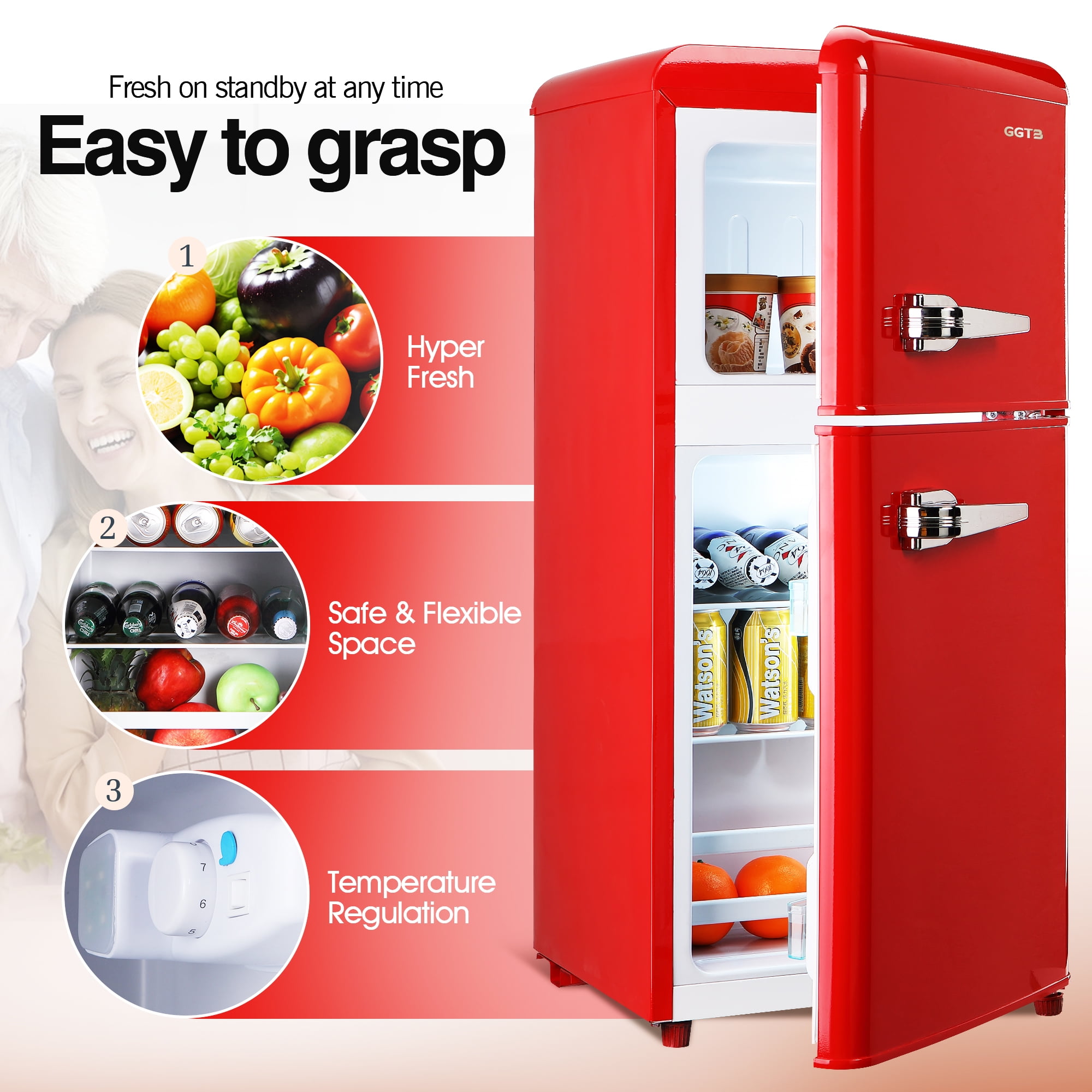 GGTB 3.2 cu.ft Retro Mini Fridge with Freezer, Double Door Compact Refrigerator, 7 Temperature Settings, Removable Shelves, Red for Dorm/Office/Apartment/Home