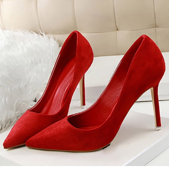 AUDeals Women Suede Pointed Closed Toe Stiletto Pumps, Fashion High Heel Dress Shoes, Comfort Footwear for Wedding, Party & Office Daily Wear (Red, 8)