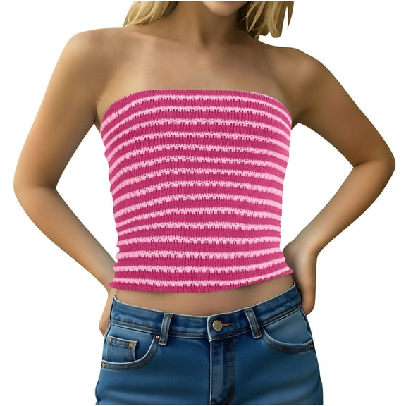 bnaln Womens Strapless Tube Tops Cropped Y2K Going Out Fitted Tank Tops Summer Trendy Knitted Striped Bandeau Shirts Sleeveless Camisole Vest Casual Cami Shirts Beach Vacation Outfits