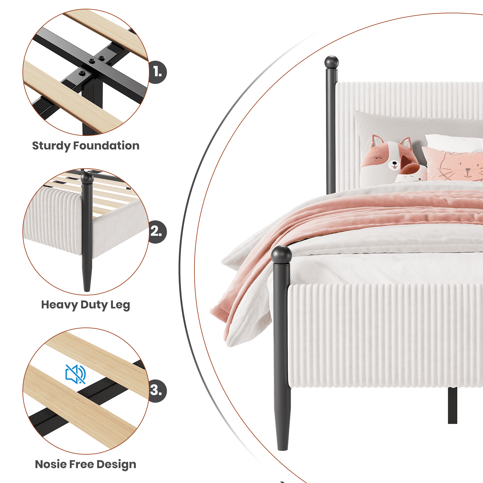 Twin Size Upholstered Bed Frame with Velvet Headboard, Soft Corduroy Fabric Platform Bed with Wooden Slats Support, No Box Spring Needed, White