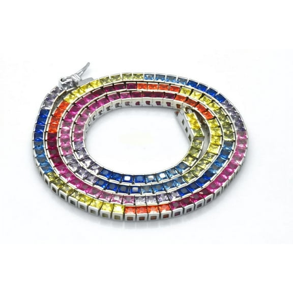 925 Sterling Silver & 14k Gold plated Overlay 2.5MM Square Princess Cut Simulated Rainbow Sapphire MultiColor Rainbow Elegant Tennis-Link 18-in Necklace