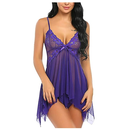 

Gaiseeis Women s Sexy Erotic Lingerie Thin Sling Panties Slit Pajama Two-piece Set Purple S