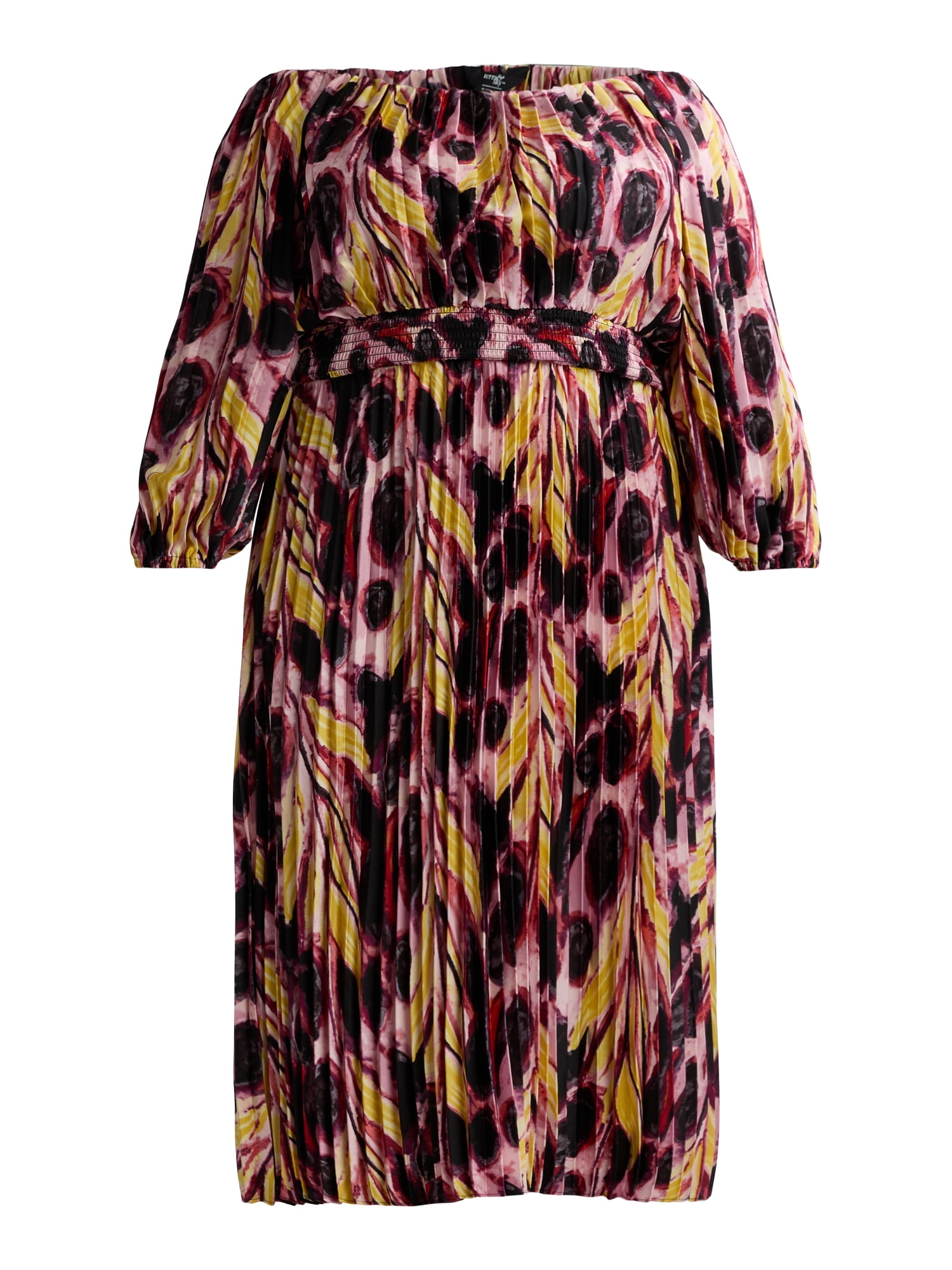 Terra & Sky Black Label Women's Plus Size Pleated Off the Shoulder Midi Dress, 0X-5X