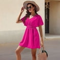 thumbnail image 6 of Womens Summer Solid Casual V-Neck Beach Dress Ruffle Short Sleeve Loose Dress Rose red M, 6 of 8