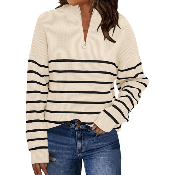 Women's Quarter Zip Striped Oversized Sweater 2025 Mock Turtleneck Fall Fashion Outfit