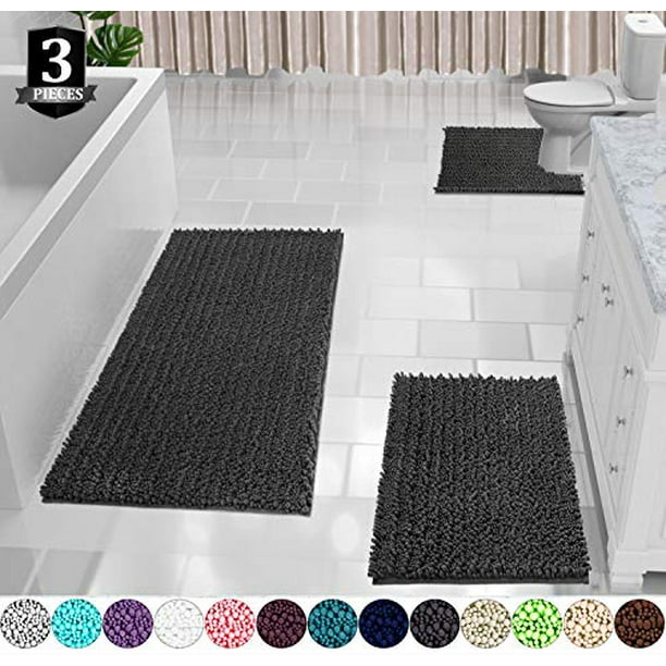 Yimobra 3 Piece Bath Mat Set Extra Large Shaggy Chenille Bathroom Mats Bathroom Rugs Contour Toilet Mat Soft And Comfortable Water Absorbent And Thick Non Slip Machine Washable Dark Grey