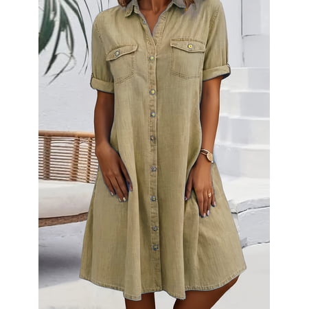 Nyfairy Women's Plus Size Lapel V Neck Rollable Short Sleeve Multi-Color Washed Denim Button Down Loose A-Line Mini Shirt Dress, Casual Vintage Denim Sundress With Chest Pockets