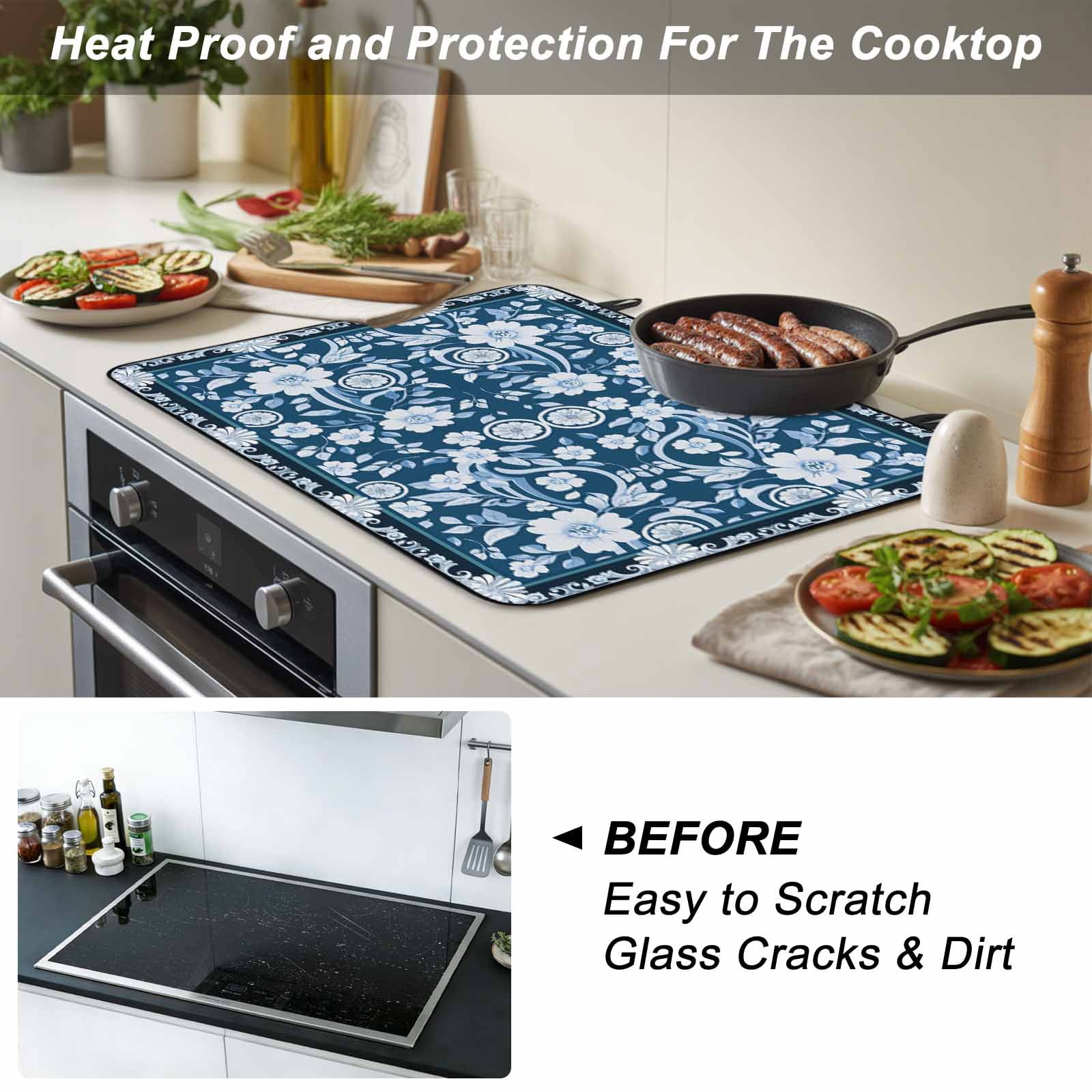 Blue White White Flowers Stove Top Cover for Electric Stove, Heat-proof & Non Slip Glass Top Stove Cover Protector, Rustic Vintage Botanical Leaves Kitchen Flat Cooktop Rubber Mat 24x21 Inches