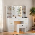 thumbnail image 1 of Makeup Vanity Desk with Lighted Mirror, 7 Drawers, Charging Station & Cushioned Storage Stool, Wood Dressing Table with 4 Open Shelves, 3 Compartments, 1 of 7