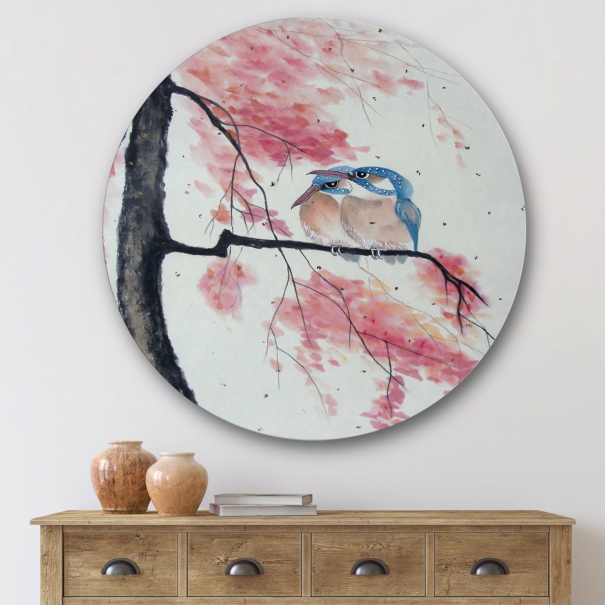 Designart 'Two Blue Kingfisher Birds Sitting On A Flowering Branch' Traditional Circle Metal Wall Art 29x29 - Disc of 29