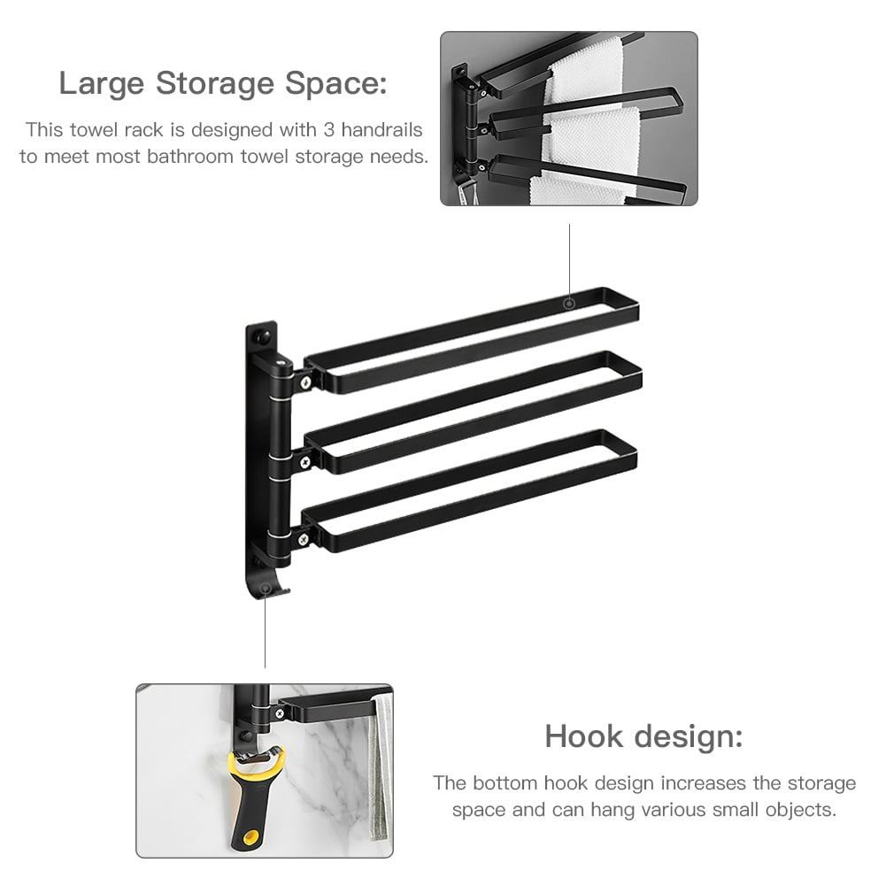 Kepooman Kitchen Dish Cloth Hanger Wall Mounted Hand Towel Bar Bathroom Towel Holder with 3 Swing Out Arms, Black Kepooman Kitchen Dish Cloth Hanger Wall Mounted Hand Towel Bar Bathroom Towel Holder with 3 Swing Out Arms, Black