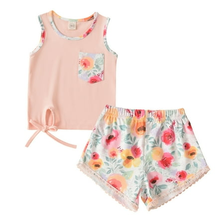 

Lovebay 6M-4T Baby Girl Floral Bow-tie Vest Tee Shorts Summer Outfit Clothes