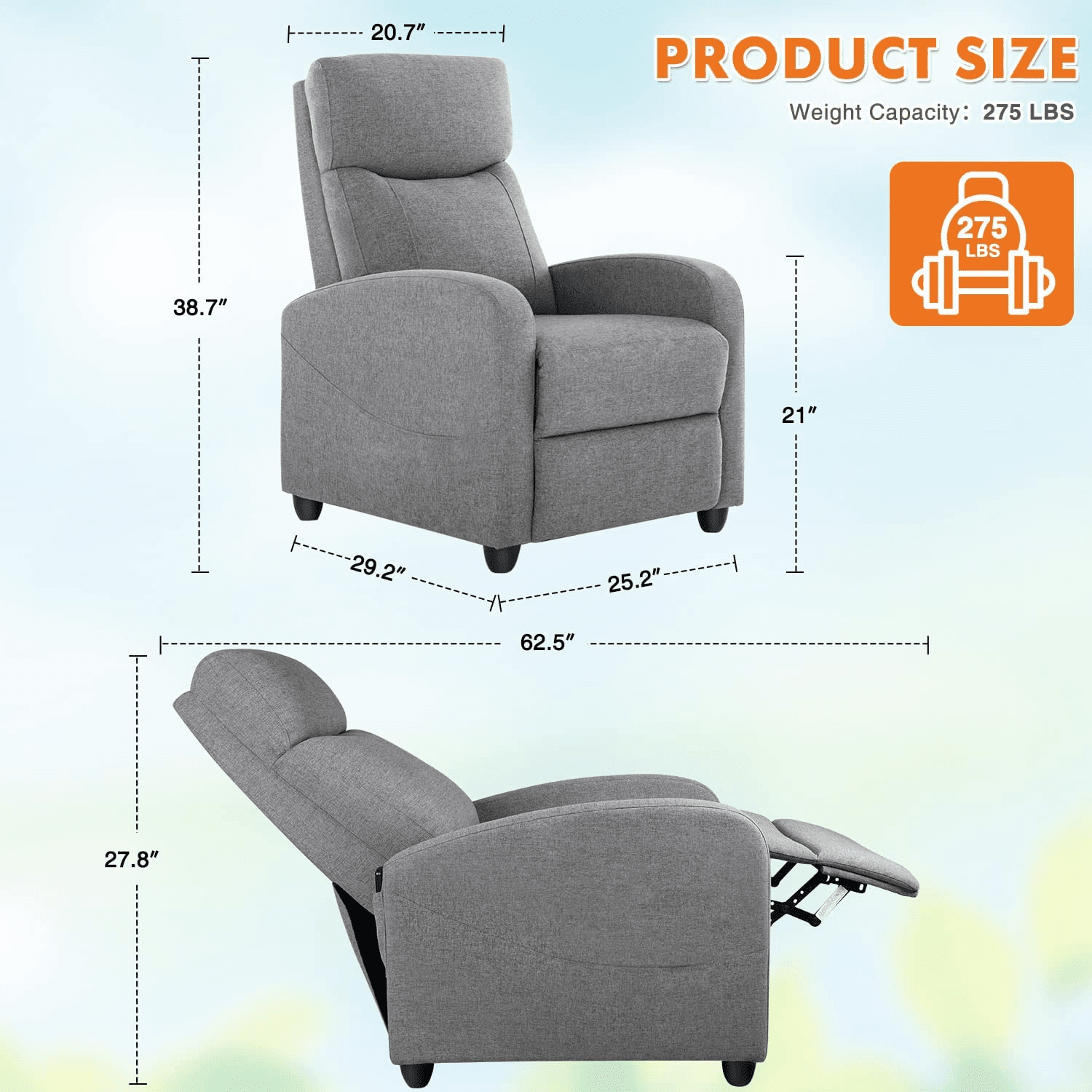Manual Recliner Chair Sofa with Massage and Heating, Overstuffed Push Back Reline Chair, Lumbar Support Home Theater for Living Room, Grey