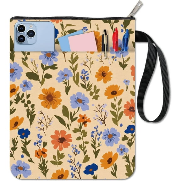 Floral Book Sleeve Pouch Flower Book Protector Paperbacks Washable Fabric Cloth with Zipper and Extra Sleeve Pocket Boho Notebook Covers Bag for Book Lovers Classmate Students Bookish Gifts