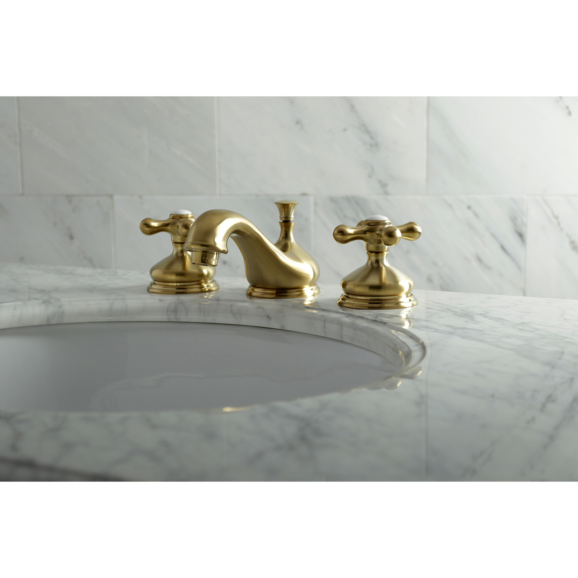 Kingston Brass KS1167AX Kingston Two-Handle 3-Hole Deck Mount Widespread Bathroom Faucet with Brass Pop-Up in Brushed Brass